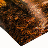 Close-up of a stretched canvas artwork featuring a serene landscape design with lush green trees and soft, warm tones, ideal for home decor. Perfect for nature lovers seeking tranquil wall art.