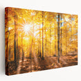 Stretched canvas artwork showcasing a vibrant landscape with tall trees, featuring rich greens and earthy tones, ideal for home decor in living spaces.