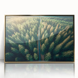 Framed wall art collection featuring a serene landscape with vibrant green trees and golden accents, elegantly displayed in acrylic for modern home decor.