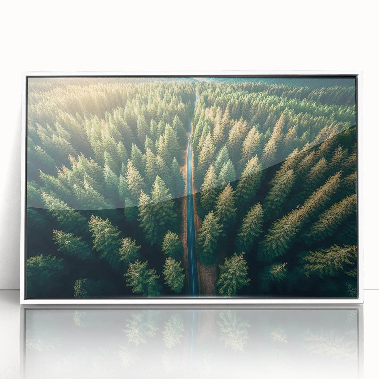 Framed wall art collection showcasing a serene landscape with trees, featuring a white frame and acrylic front view, perfect for home decor and nature enthusiasts.