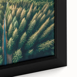 Framed canvas artwork showcasing a vibrant landscape of trees with rich green foliage and a serene blue sky, perfect for enhancing home decor.