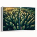 Framed canvas wall art showcasing a serene landscape with vibrant green trees against a soft blue sky, designed to enhance home decor aesthetics.