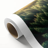Rolled canvas showcasing a serene landscape with vibrant green trees and a warm sunset, perfect for enhancing home decor and creating a calming atmosphere.