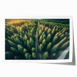 Vibrant rolled print of a serene landscape featuring lush trees, designed for wall art decoration, showcasing rich greens and natural textures in a stylish presentation.