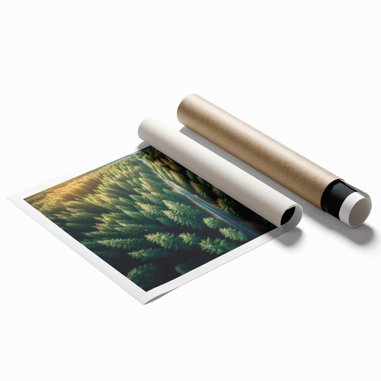 Vibrant rolled print showcasing a stunning landscape design featuring lush green trees against a serene blue sky, ideal for enhancing home decor with nature's beauty.