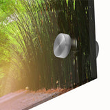 Close-up of a vibrant acrylic glass wall art piece showcasing a detailed landscape with lush green trees, perfect for enhancing home decor and creating a serene atmosphere.