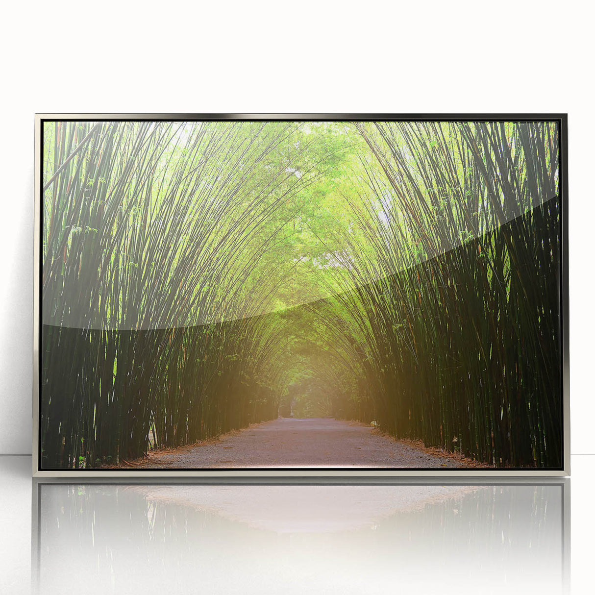 Framed acrylic wall art collection showcasing a vibrant landscape design with trees, featuring a sleek silver frame, perfect for modern home decor.