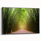 Framed canvas wall art featuring a serene landscape with lush green trees and a tranquil atmosphere, perfect for home decor in modern settings.
