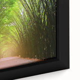 Framed canvas wall art showcasing a vibrant landscape with stylized trees, featuring rich green tones and intricate details, perfect for home decor.