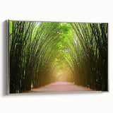 Framed canvas wall art showcasing a serene landscape with trees, featuring a silver frame and a side view. Ideal for modern home decor.