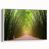 Framed canvas wall art depicting a serene landscape with trees, showcasing vibrant green foliage and a subtle white frame, perfect for home decor enhancement.