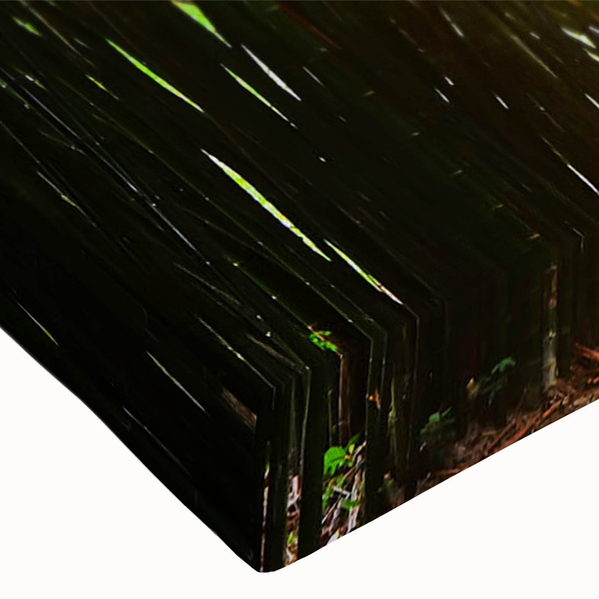 Close-up of a vibrant stretched canvas featuring a detailed landscape design with trees, showcasing rich green hues and natural textures, perfect for home decor.
