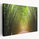 Stretched canvas wall art showcasing a vibrant landscape with trees, designed for home decor, presented in a side view to highlight its depth and texture.