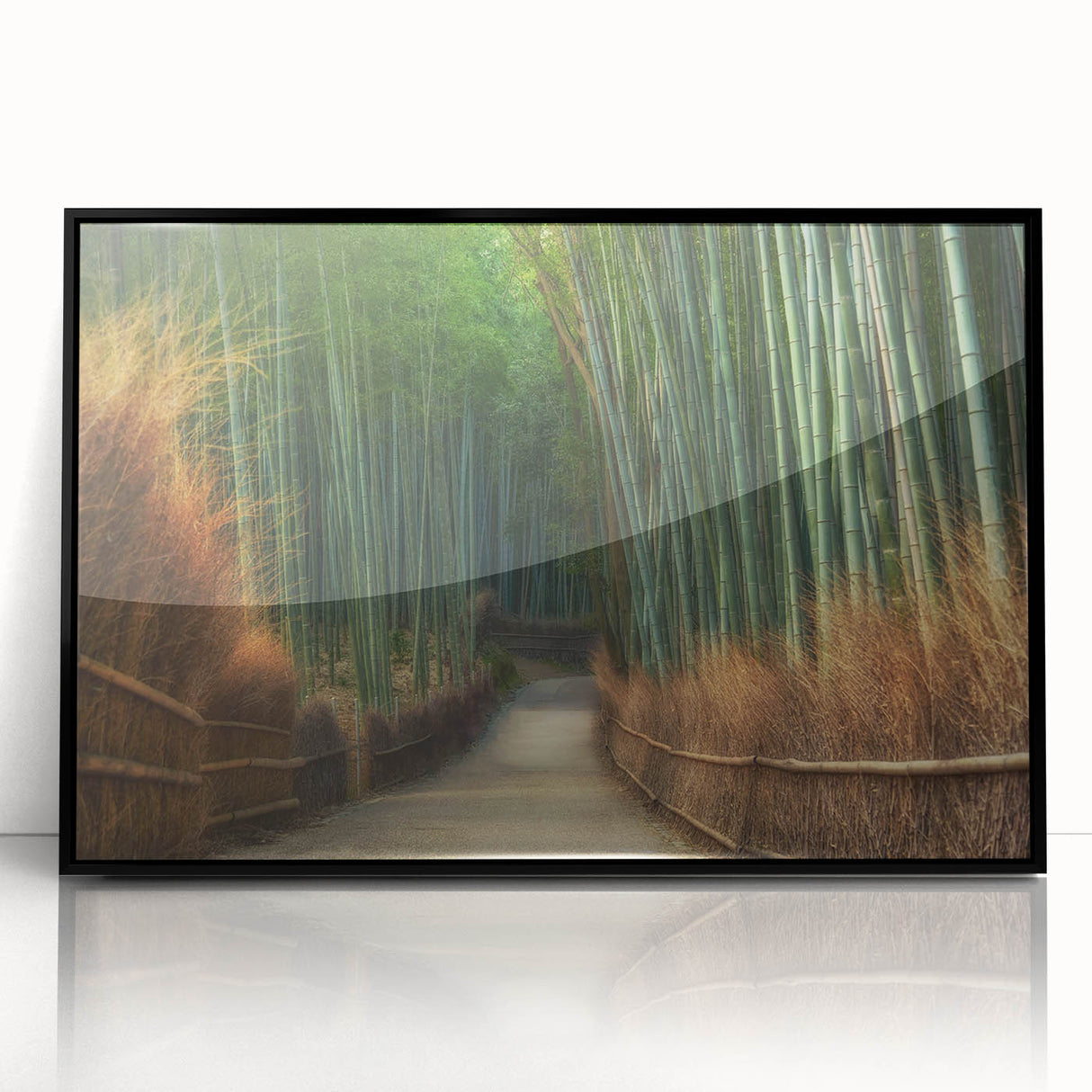 Framed acrylic wall art showcasing a stunning landscape design with vibrant trees, featuring a sleek black frame that enhances its contemporary aesthetic. Ideal for modern home decor.