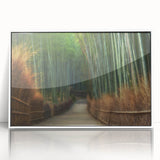 Framed wall art featuring a serene landscape design with lush green trees and a tranquil blue sky, presented in a sleek white frame for modern decor. Perfect for adding a calming touch to any room.