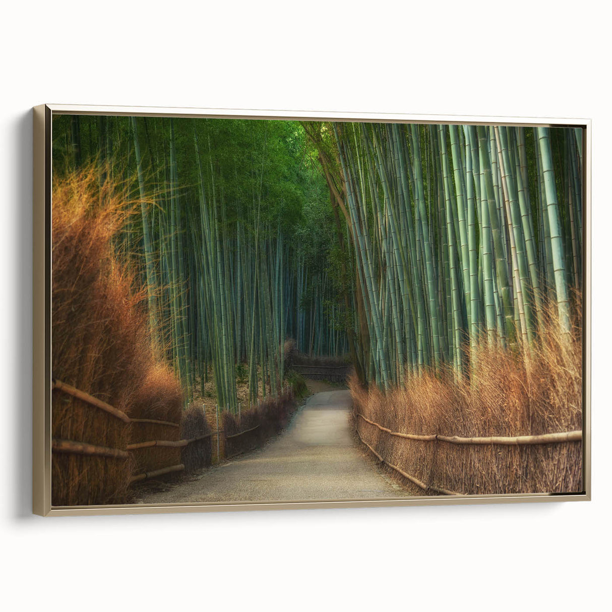 Framed canvas wall art collection featuring a serene landscape with vibrant trees and a gold frame, ideal for enhancing modern home decor.