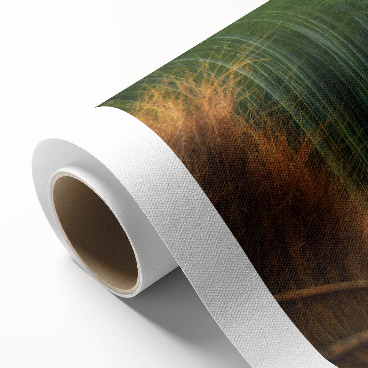 Rolled canvas wall art showcasing a vibrant landscape of trees in rich greens and browns, ideal for home decor, elegantly packaged for safe delivery.