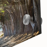 Close-up of a vibrant acrylic wall art piece showcasing a serene landscape with lush green trees and soft blue skies, perfect for home decor enhancement.