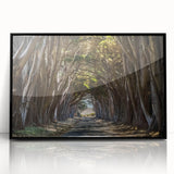 Framed acrylic wall art featuring a vibrant landscape design with trees, set in a sleek black frame, ideal for modern home decor and nature lovers.