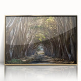 Framed acrylic wall art featuring a vibrant landscape design with trees, showcased in a gold frame, perfect for enhancing modern home decor.