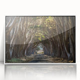 Framed wall art featuring a vibrant landscape design with trees, displayed in a sleek white frame, ideal for home decor and interior design enhancement.