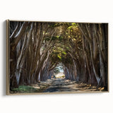Framed canvas wall art showcasing a serene landscape with vibrant green trees and a golden frame, perfect for enhancing modern decor and bringing nature indoors.