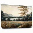 Acrylic glass wall art collection displaying a vibrant landscape design with trees, viewed from the side, elegantly mounted with decorative pins. Ideal for modern home decor.