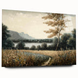 Acrylic glass wall art showcasing a vibrant landscape design with lush green trees and a serene atmosphere, ideal for modern home decor and nature enthusiasts.