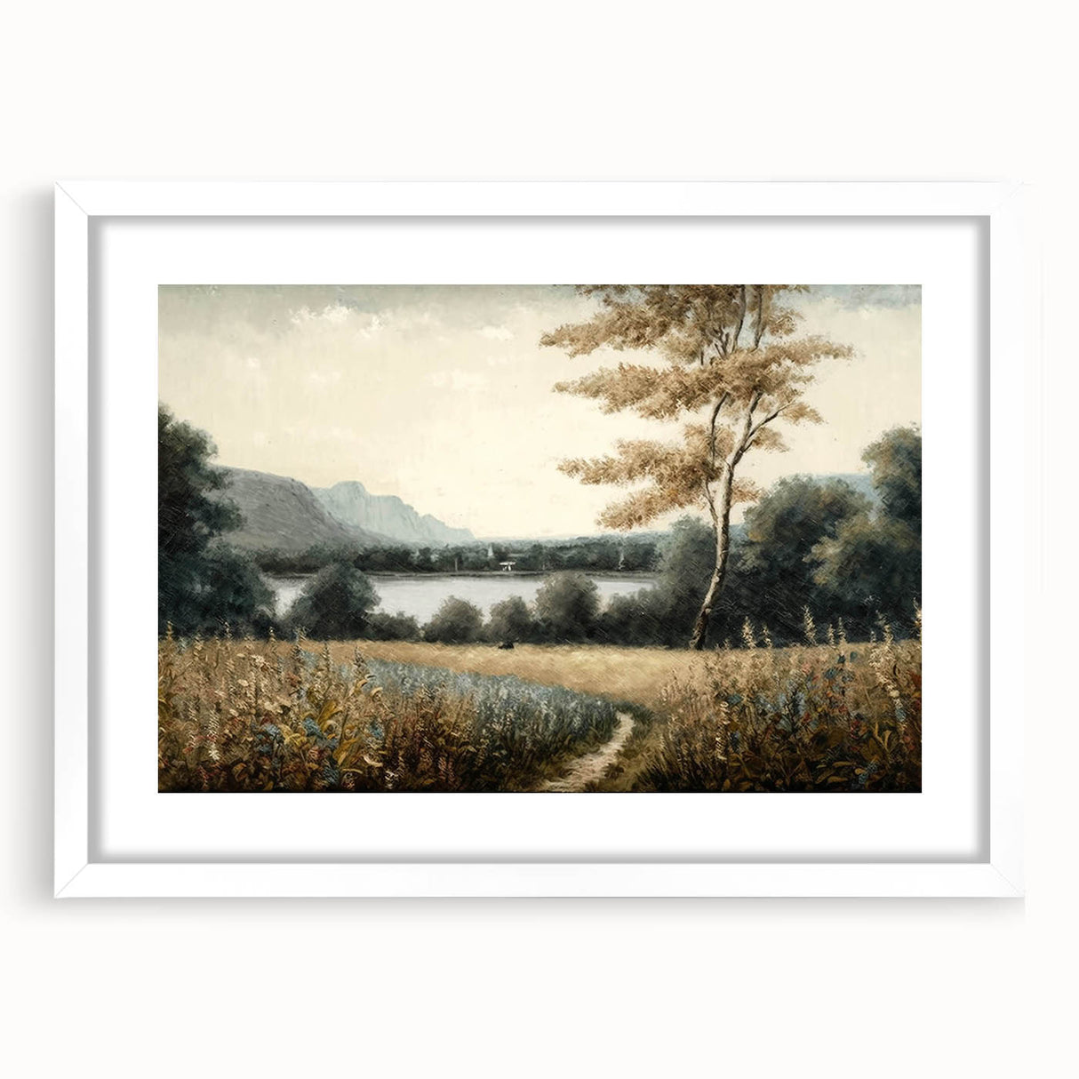 Framed wall art featuring a serene landscape with trees, presented in a white mat and frame, perfect for enhancing home decor and creating a calming atmosphere.