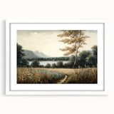 Framed wall art featuring a serene landscape with trees, presented in a white mat and frame, perfect for enhancing home decor and creating a calming atmosphere.