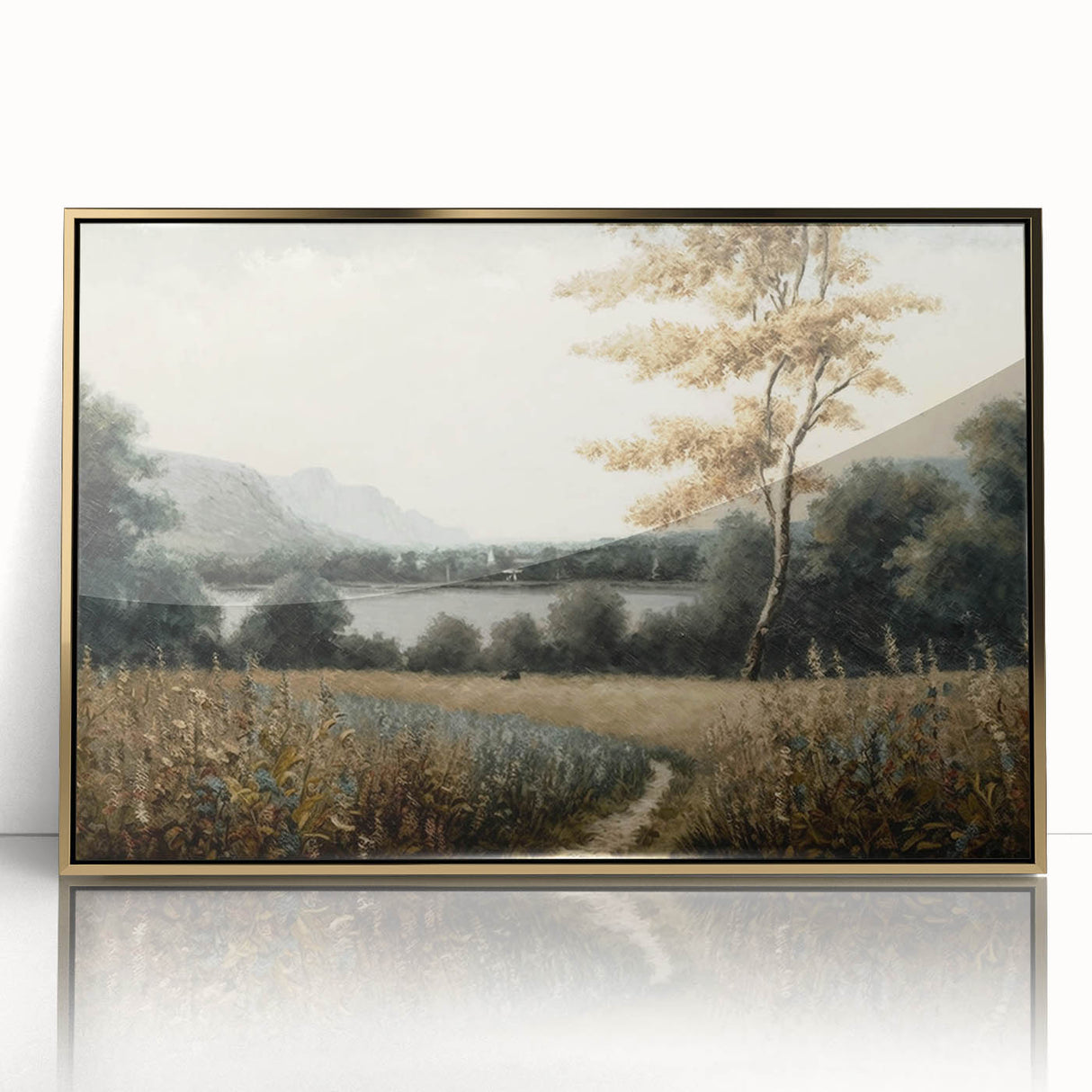 Framed acrylic wall art featuring a vibrant landscape design with trees, set in a stylish gold frame, ideal for modern home decor. Perfect for nature enthusiasts.