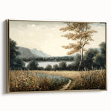 Framed canvas wall art showcasing a serene landscape with vibrant trees, set in a stylish gold frame, perfect for enhancing modern home decor.