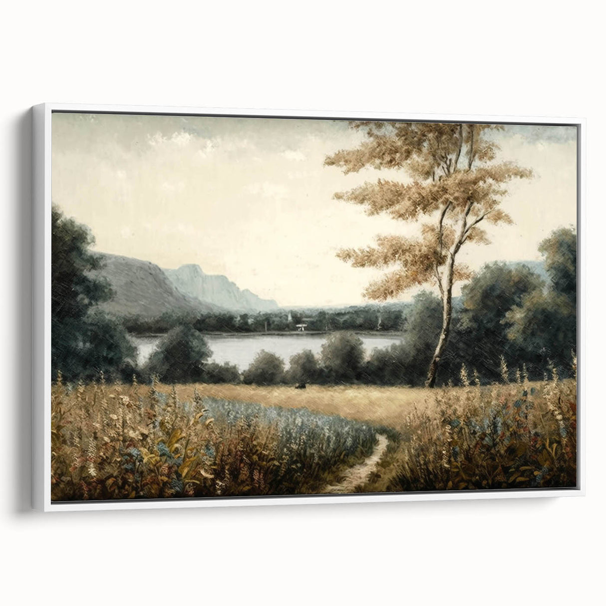 Framed wall art collection featuring a serene landscape with trees, set in a sleek white frame, ideal for enhancing modern home decor and creating a calming atmosphere.
