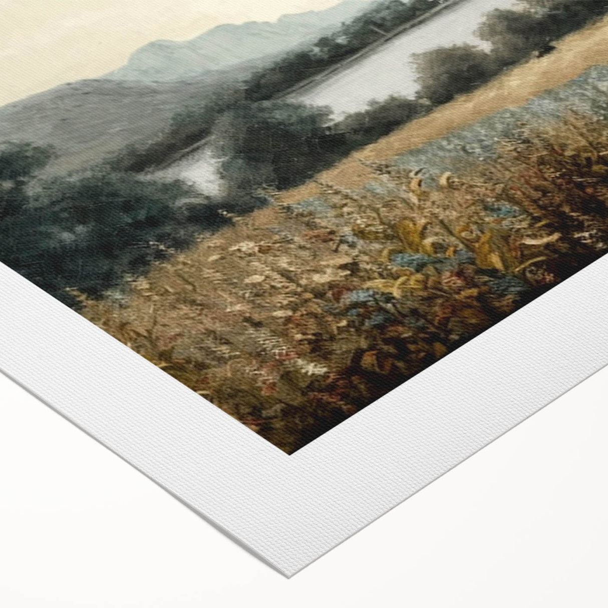 Vibrant rolled canvas showcasing a serene landscape with lush green trees and a tranquil sky, perfect for home decor. Packaged securely in a cardboard tube for easy transport.