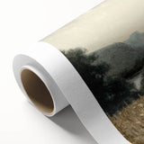 Vibrant rolled canvas artwork showcasing a serene landscape with lush green trees and a calming blue sky, perfect for home decor or office aesthetics.