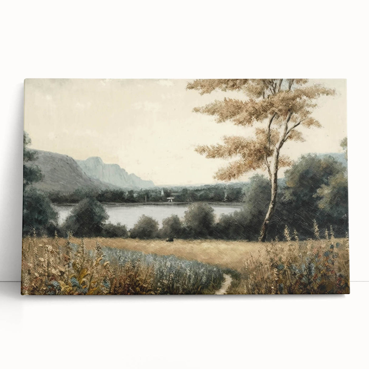 Stretched canvas print showcasing a serene landscape with vibrant green trees and a soft blue sky, designed for home decor. Perfect for nature lovers and modern interiors.