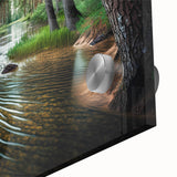 Close-up of a vibrant acrylic print showcasing a serene landscape with lush green trees, perfect for home decor, enhancing natural aesthetics in any space.