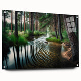 Acrylic glass wall art showcasing a vibrant landscape design with trees, featuring a side view that highlights its depth and texture, elegantly displayed with pins.