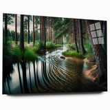 Acrylic glass wall art featuring a serene landscape with vibrant trees and lush greenery, showcasing a side view without pins, ideal for modern decor.