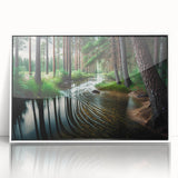 Framed wall art featuring a serene landscape design with trees, set in a sleek white frame, showcasing vibrant colors and intricate details for a modern decor aesthetic.