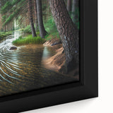 Close-up of a framed canvas showcasing a vibrant landscape design with green trees and blue skies, perfect for home decor. Ideal for nature lovers seeking unique wall art.