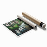 Vibrant landscape wall art print showcasing a serene forest scene with tall trees and lush greenery, ideal for home decor or office ambiance.