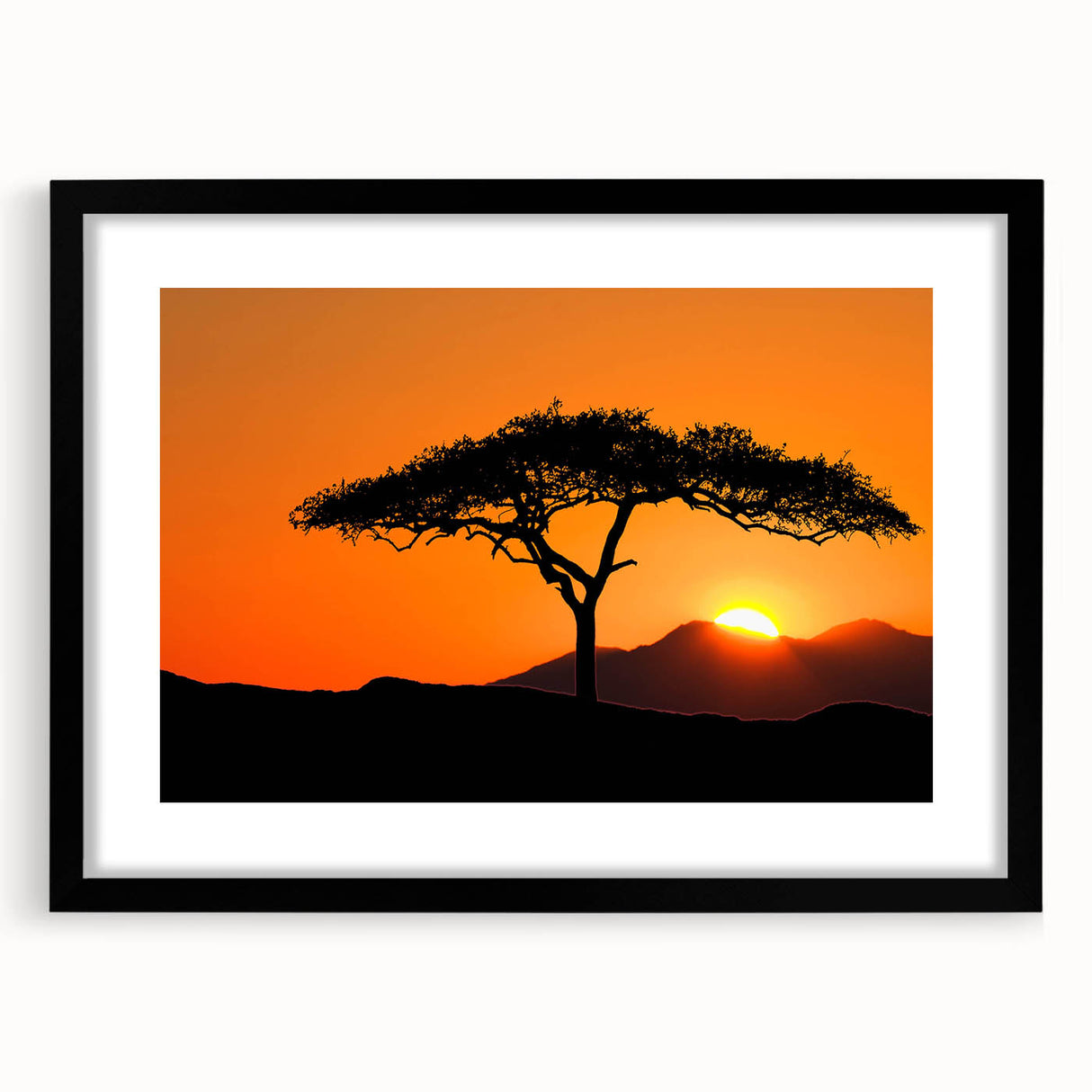 Framed landscape wall art collection featuring vibrant tree designs in a sleek black frame, complete with a white mat, perfect for modern home decor.