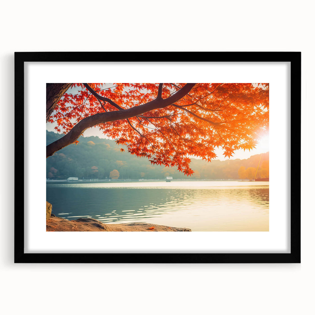 Framed black wall art featuring a serene landscape design with trees, set against a white mat background, ideal for modern home decor.