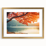 Framed wall art featuring a serene landscape of trees with a gold mat, showcasing natural hues. Ideal for home decor or office spaces, enhancing ambiance.