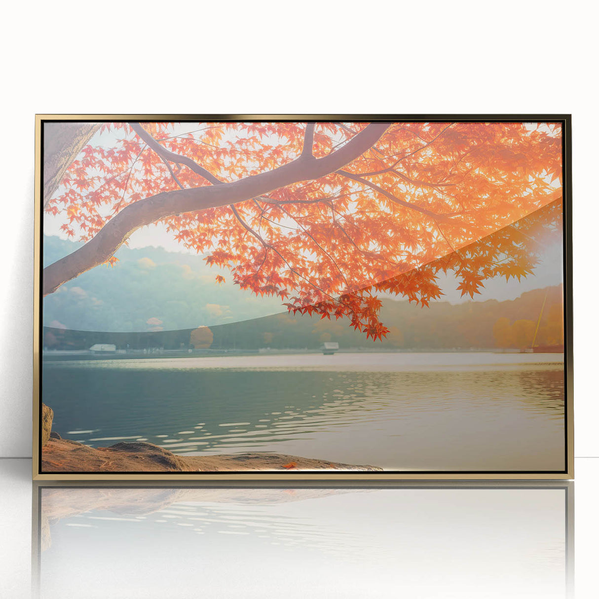 Framed acrylic wall art depicting a serene landscape with trees, featuring a gold frame that enhances the natural beauty, ideal for home decor.