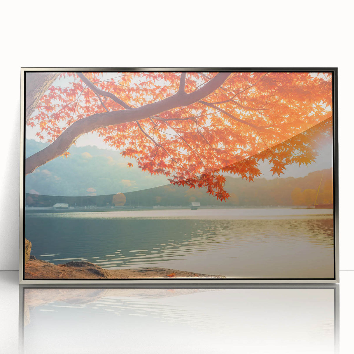 Framed wall art featuring a serene landscape of trees in a silver-acrylic frame, perfect for modern home decor, showcasing vibrant greens and calming blues.
