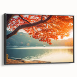 Framed canvas wall art showcasing a serene landscape with lush green trees, elegantly displayed in a black frame, perfect for enhancing home decor.