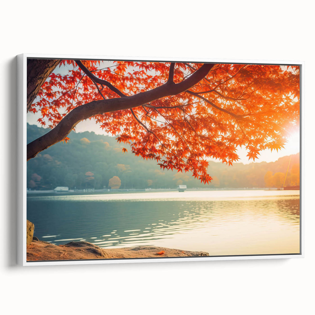 Framed canvas wall art showcasing a serene landscape with vibrant trees against a white backdrop, ideal for modern home decor. Perfect for nature lovers.