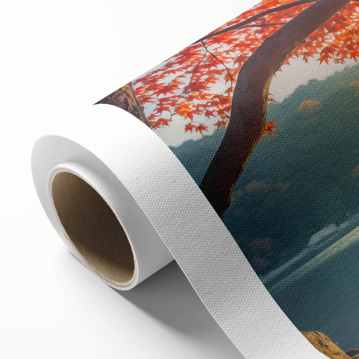Rolled canvas artwork showcasing a vibrant landscape with trees, designed for wall decoration, featuring rich colors and intricate details, ideal for home decor.